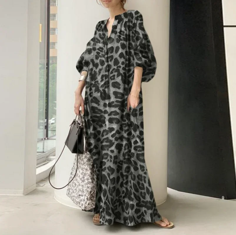 

2025 NEW Muslim Abayat Temperament Fashion Leopard Print Bubble Sleeve Abaya Femme Loose Casual Bohemian Shirt Islamic Dress