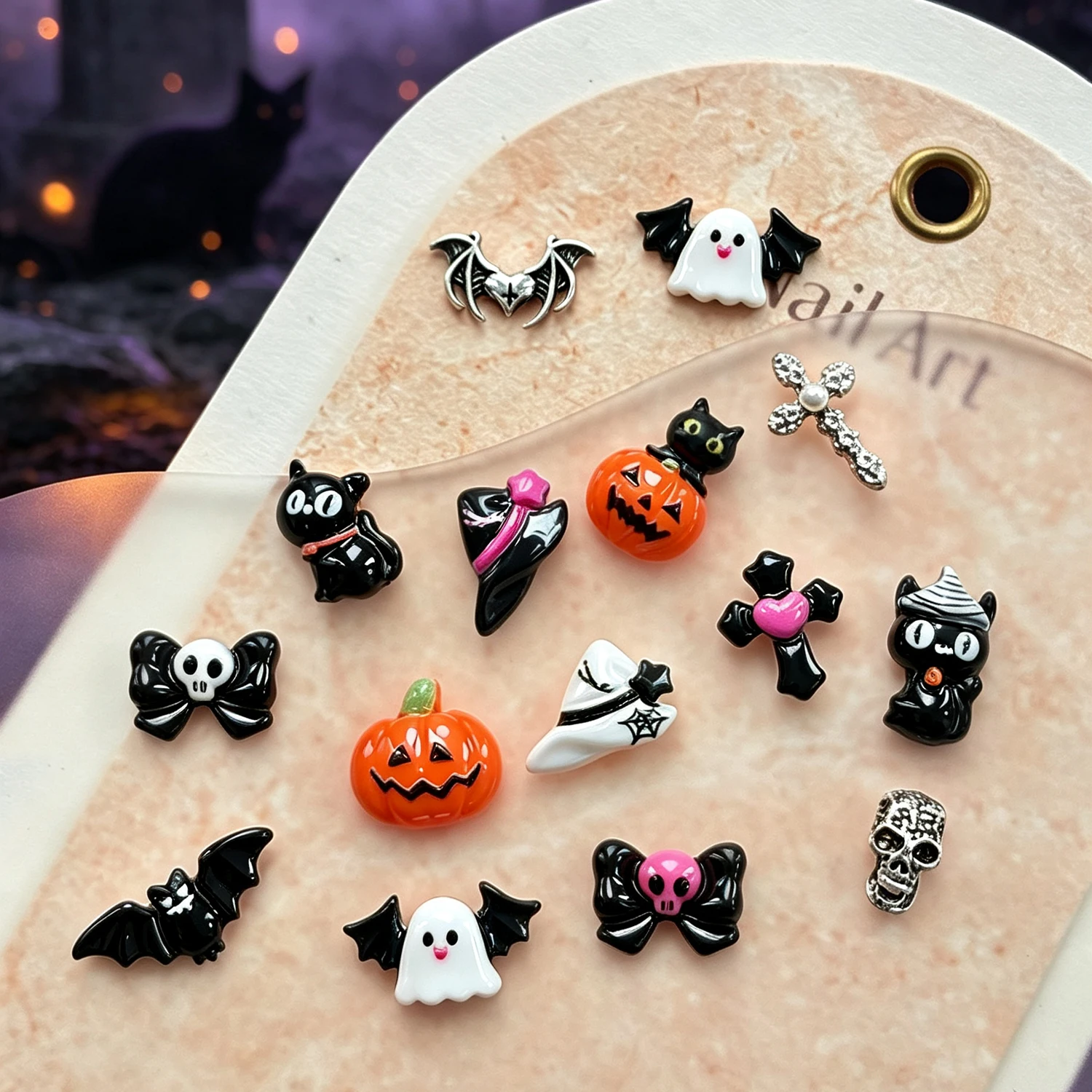 15Grid 3D Niedliche Halloween-Kürbis/Schädel/Geist/Kreuz Nagelsteine Schwarze Katze Schleife Fledermaus Nagel-Charms Harz Flache Rückseite Halloween Nageldekoration – Detail 3