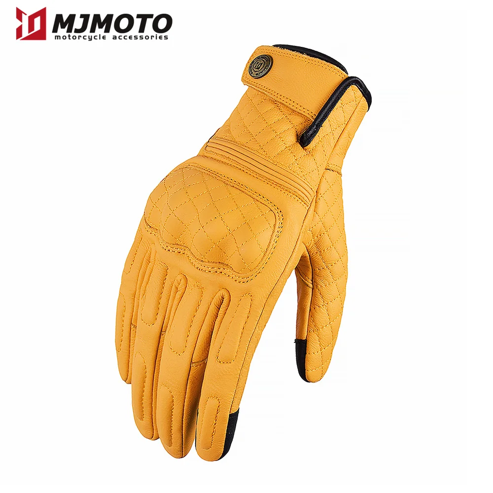 Yellow Leather Motorcycle Gloves Retro Full Finger Motocross Gloves Touchscreen Goatskin Bicycle Riding Gloves For Men Women