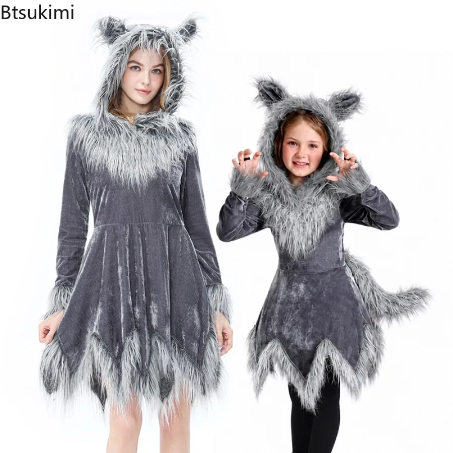 Halloween Pelziger Grauer Wolf Kostüm für Frauen und Mädchen, Kapuzenkleid mit Langen Ärmeln und Ohren, Familien-Eltern-Kind Tier-Cosplay-Kostüm