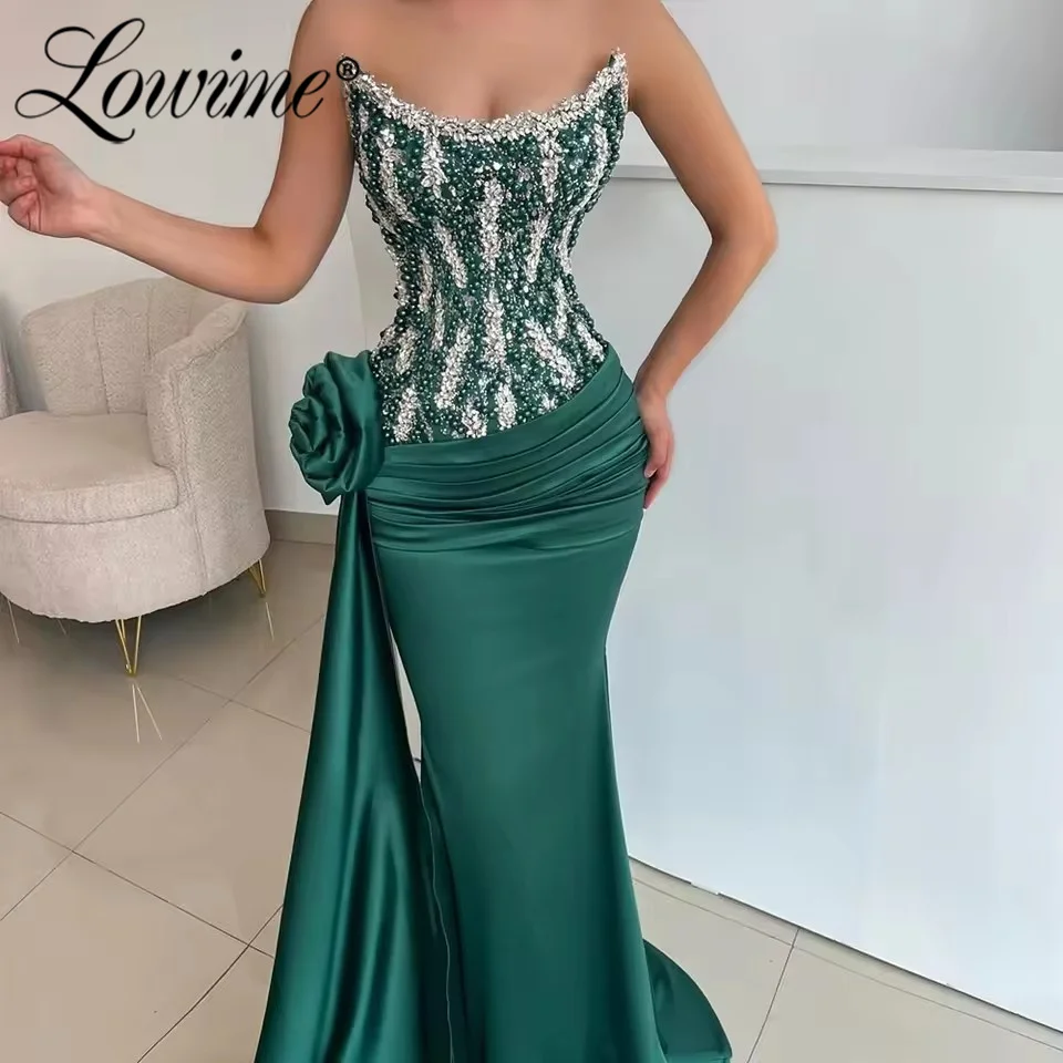 

Green Party Dress Customized Strapless Satin Mermaid Prom Dresses 2026 Crystals Beaded Long Side Train Evening Gowns Robe