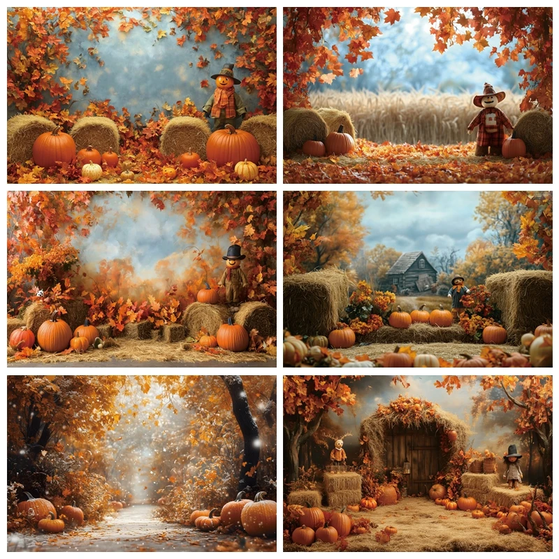 Autumn Farm Hay Bales Baby Shower Photography Background Pumpkins Scarecrow Maple Leaves Photo Photographic Backdrop Photobooth