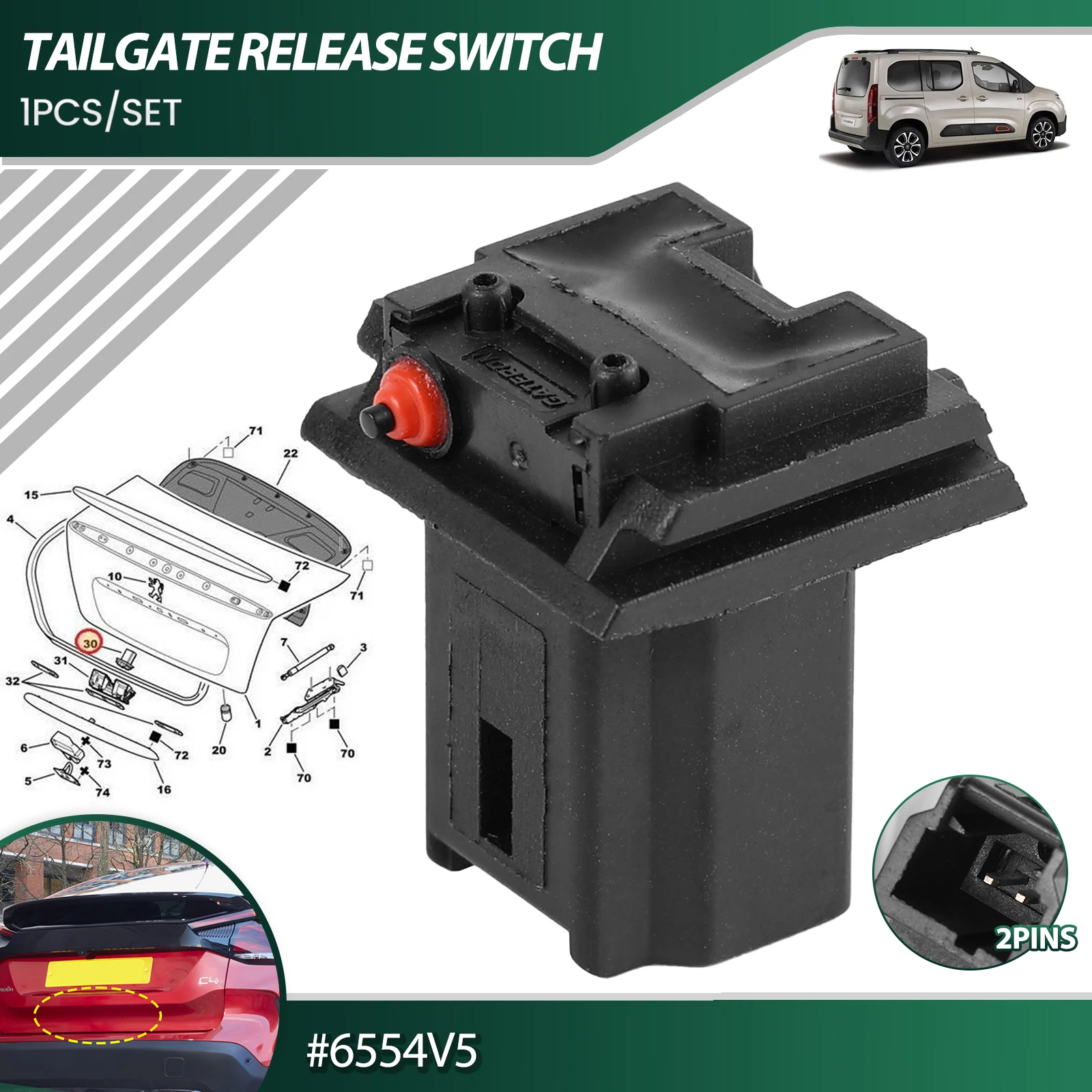 6554V5 For Peugeot 206 207 307 308 5008 Citroen C3 C4 Xsara Berlingo Trunk Lock Tailgate Release Switch Rear Door Handle Button