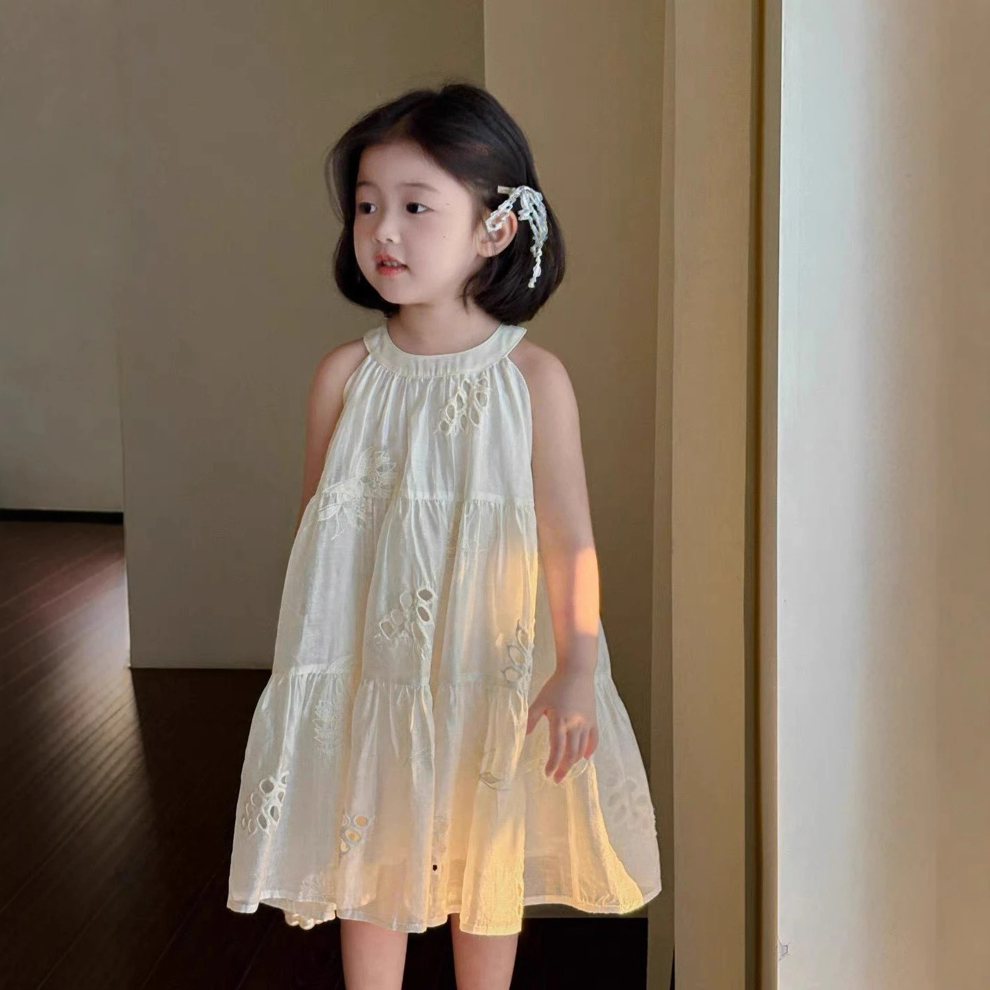 Summer Sweet Vest Dress for Girls Hanging Neck Hollow Out Temperament Children's Dress for Ages 3-8Y