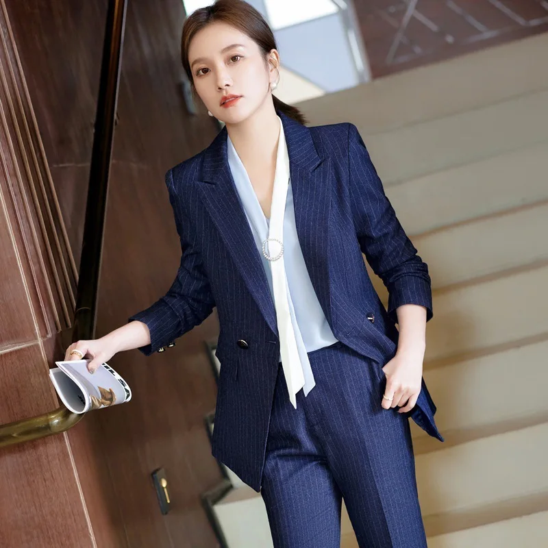 966 Set completo a righe blu Elegante abbigliamento professionale di fascia alta Hotel Cameriere femminile Uniforme da lavoro Abbigliamento formale da lavoro