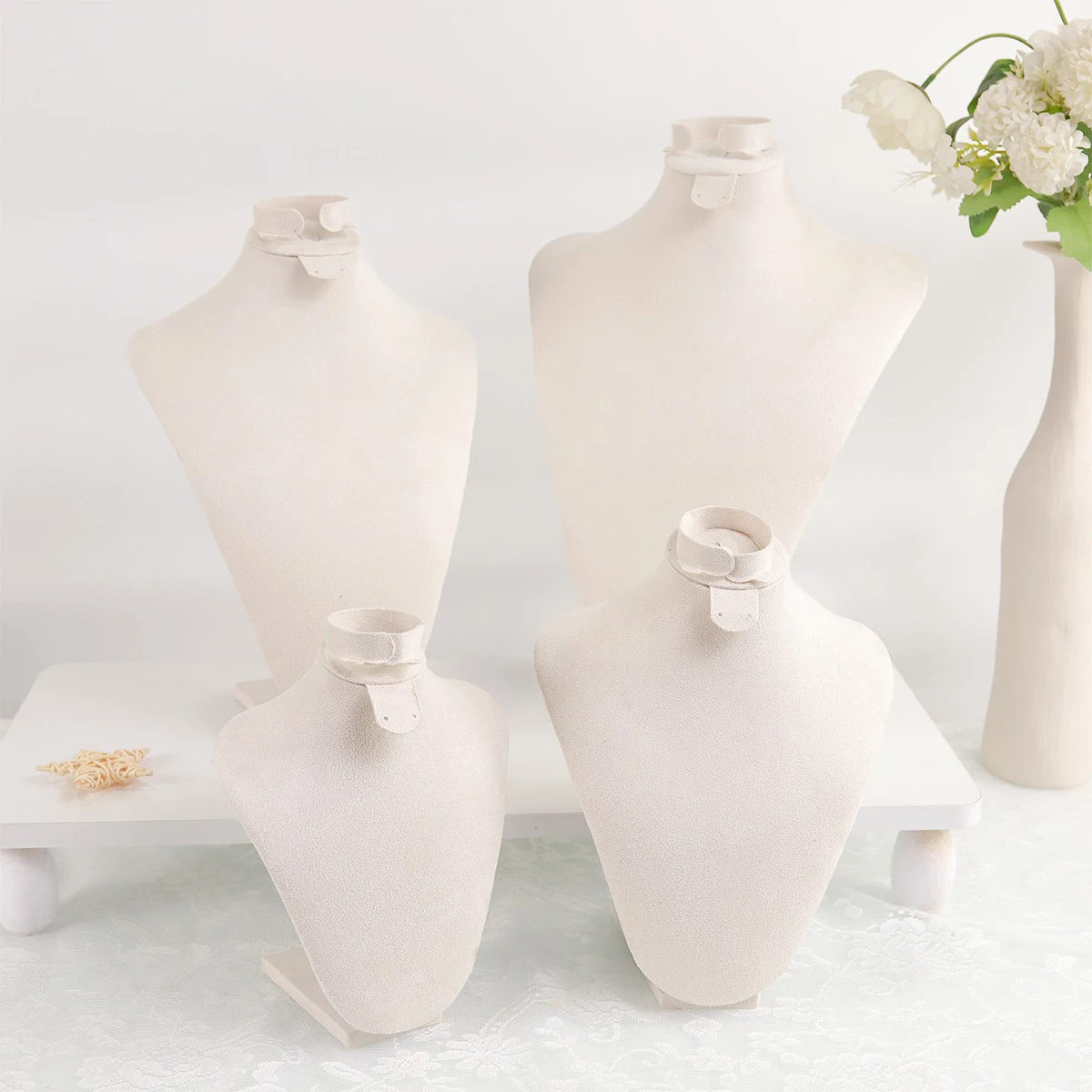 Beige Velvet Mannequin Bust Jewelry Display Torso Stand Necklace Choker Pendant Holder Shop Counter Shooting Photography Prop