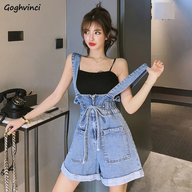 Denim Rompers Women New Summer Fashion Korean Style Baggy Simple Lace-up Chic All-match Young Design Leisure Wide Leg Overalls