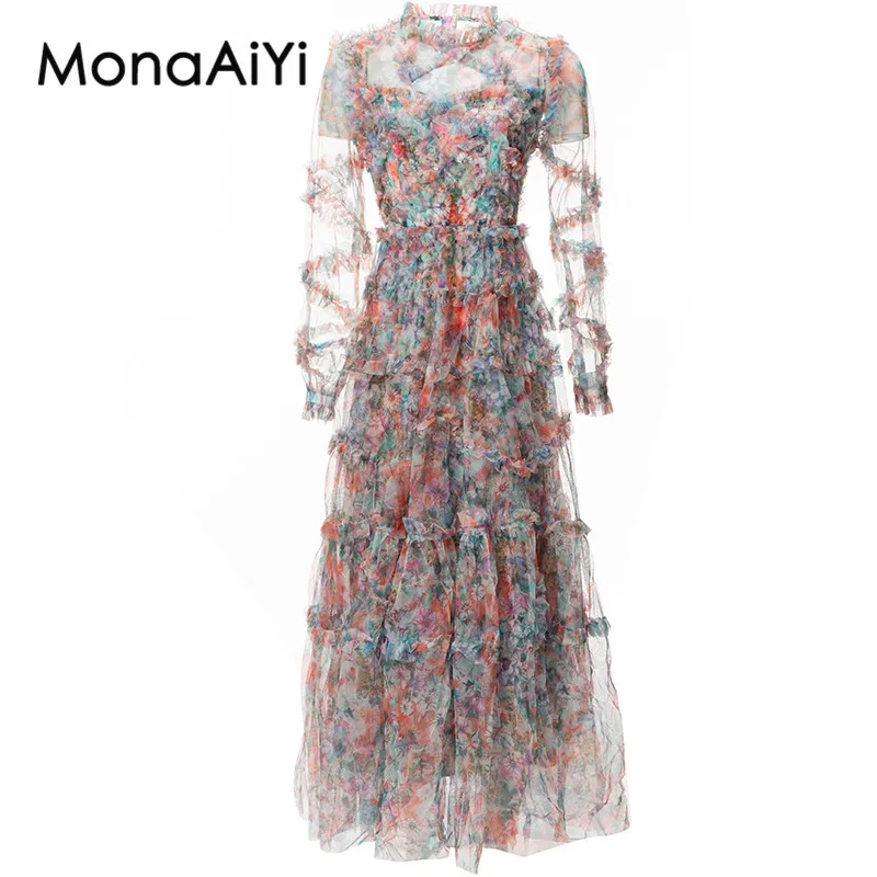 MonaAiYi New Fashion Runway Designer Women\'s Spring And Summer  Long Sleeved Wooden Ear Edge Printed Green Sheer Dress