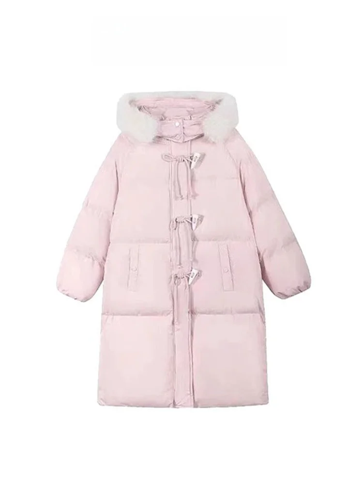 

Sweet Pink Button-Up down Jaet Women's Thiened Mid-Length Hooded Cotton Puffer Coat Winter New Sle Large Fur Collar