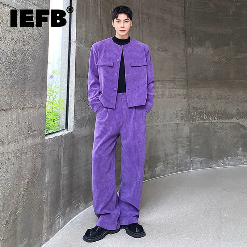 IEFB Autumn Winter Mne\'s Korean Style Fashion Set Short Round Neck Coat Wide Leg Long SweatPant Two Piece Suits Trend New 9C3121