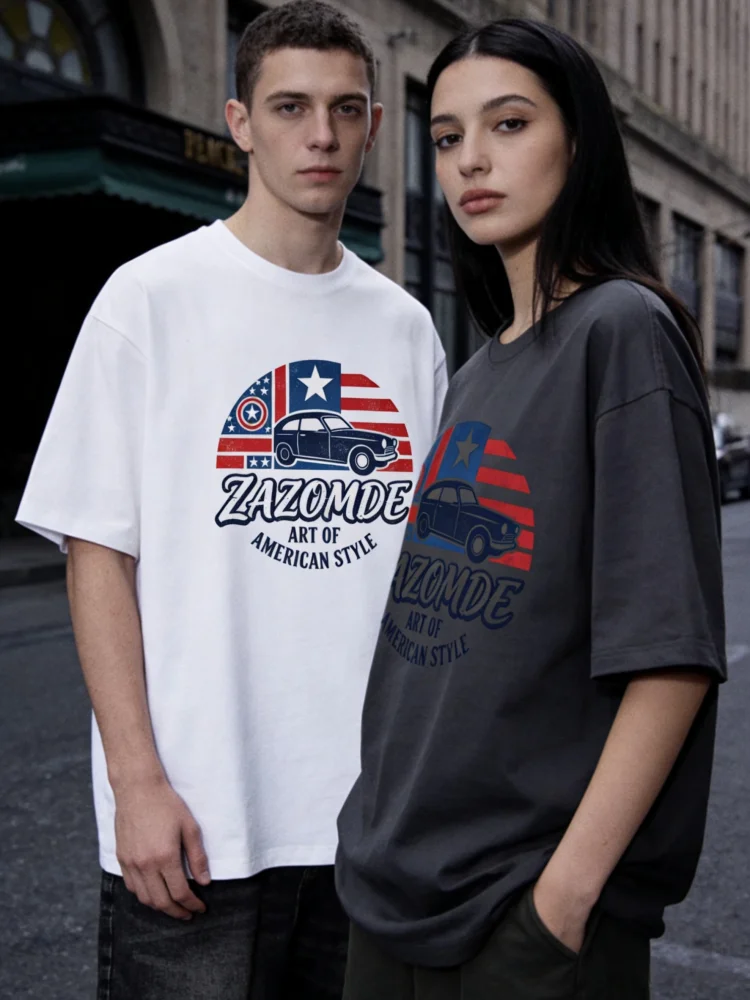 

ZAZOMDE American Vintage Flag Print Cotton T Shirt Heavyweight Fabric Fit Comfortable Casual Streetwear Style Short Sleeve Tee
