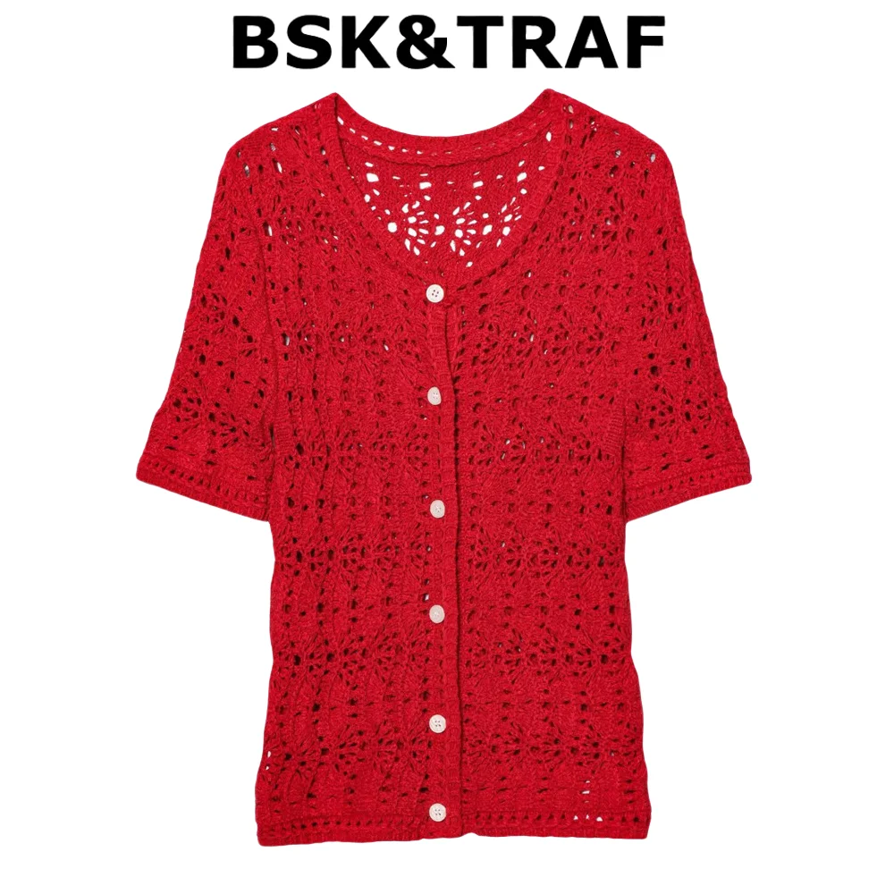 

BSK&TRAF2025 Summer New Women's Casual Round Neck Fashion Hollow Knitted Cardigan Jacket Women 8082/001