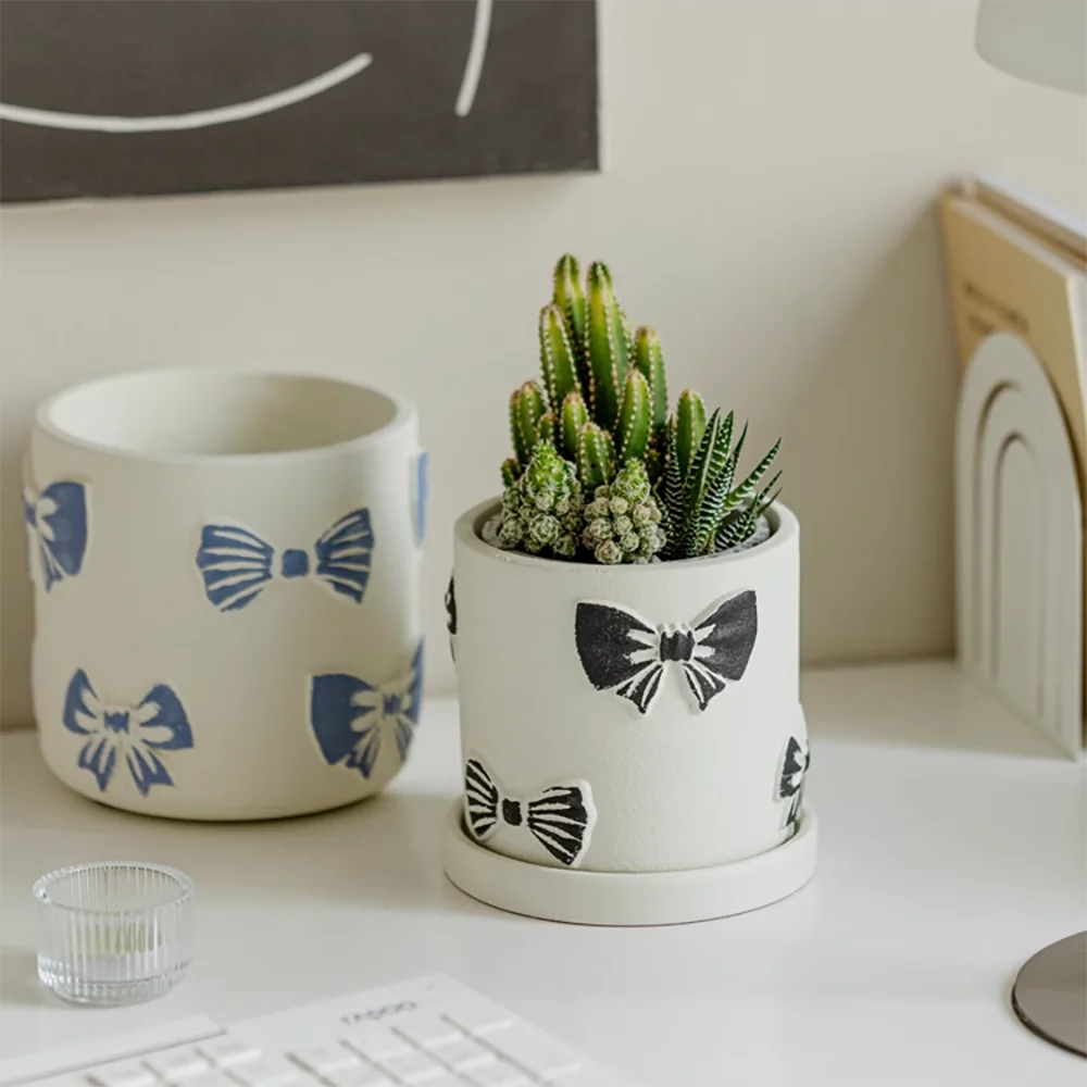 قالب زراعة أسمنتي منقوش على شكل فيونكة وأقحوان - قالب وعاء زهور سيليكون كبير لديكور الحديقة، مزارعي الجبس بنفسك مع زهور ثلاثية الأبعاد