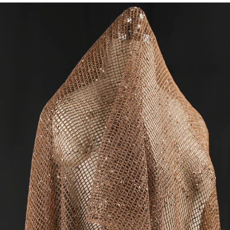 Brown Caramel Texture Particle Mesh Fabric Reconstructed Fish Mesh See Through Yarn Dress Clothing Designer Fabric