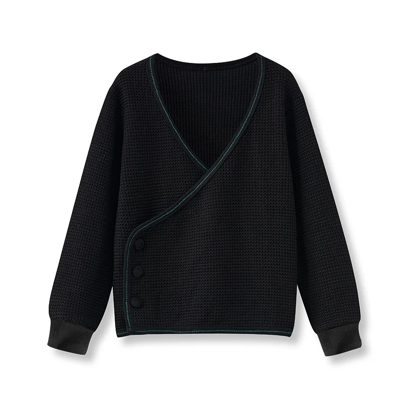 Children Boys and Girls Black Knitwear Sweater Autumn Winter Long Sleeves Velour Buttons Causual Clothing Contrasted Stitching