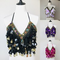 Sexy Sequin Colored Diamond Halter Crop Top Belly Dance Tassel Bandage Tank Top Strappy Backless Party Shinny Beach V Neck Vest