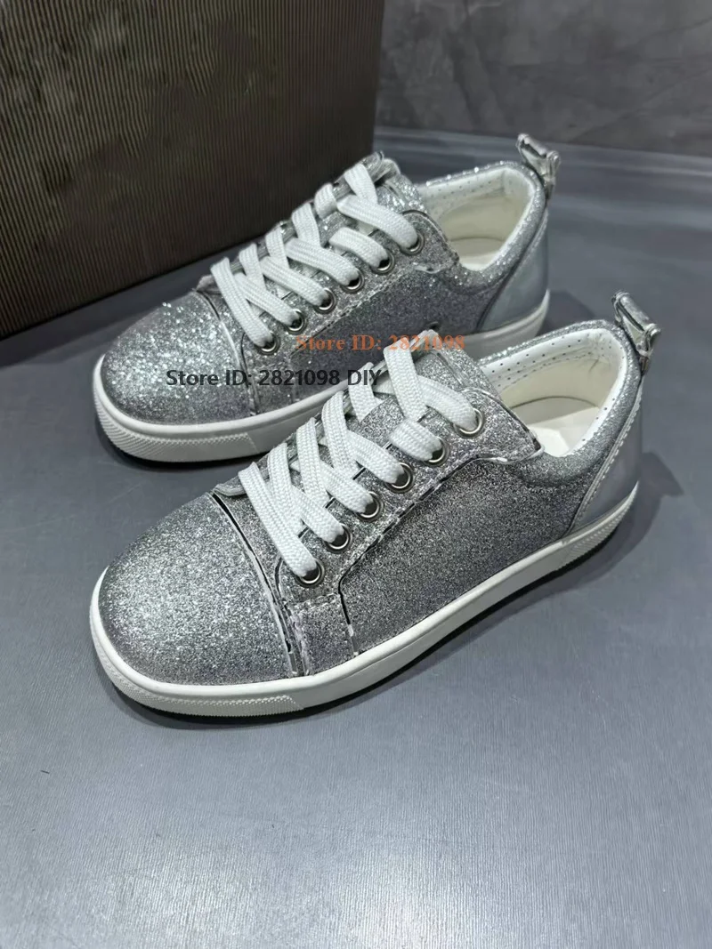 Silver Lace Up Casual Shoes Women Low Cut Comfortable Flats Woman Shiny Bling Leather Sneakers Zapatos De Mujer