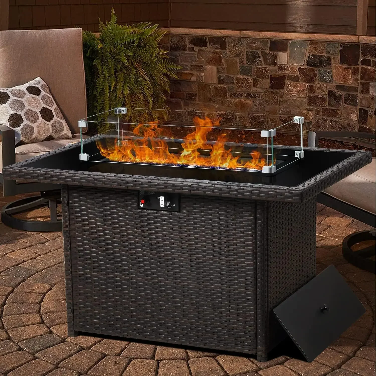 

LayinSun 44" Propane Gas Fire Pit Table, 55000 BTU Rectangular Fire Pit with Glass Wind Guard for Outside Patio Deck Garden