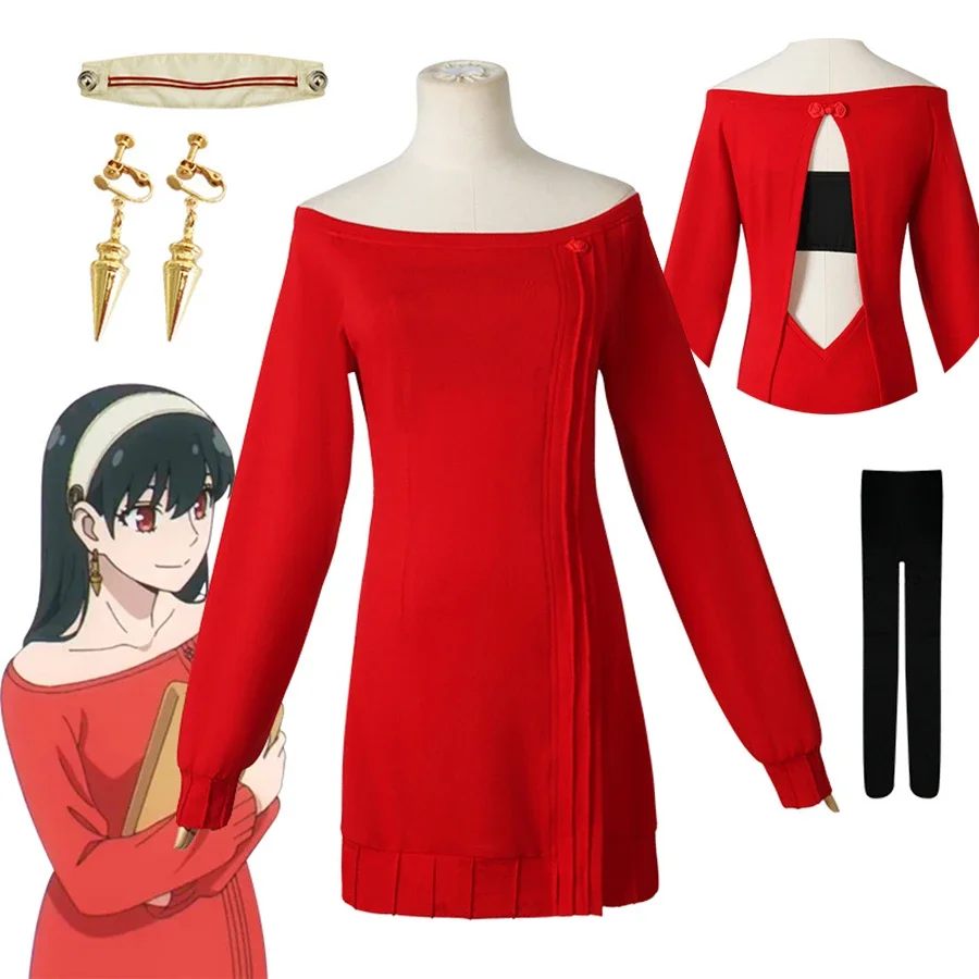 

Anime spy x family Yor Forger Cosplay Costumes Red Sweater Dress Suit Casual Wear Black Braid Halloween Costume For Women