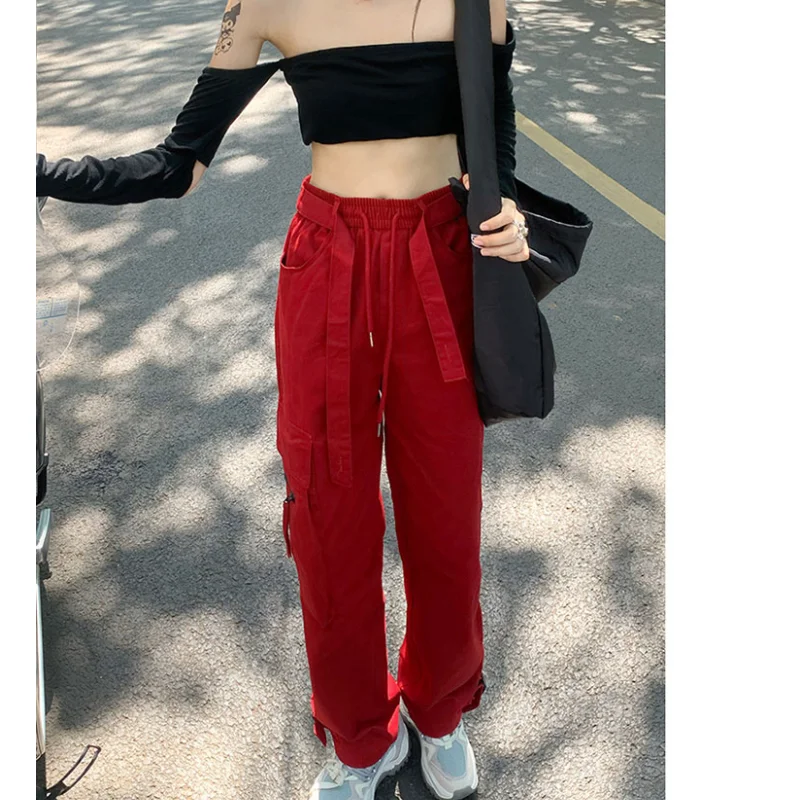 

American Vintage Red Cargo Pants Fashion Many Pocket Straight Mopping Pants High Street Y2K Baggy Wide Leg Trouser Ladies Spring