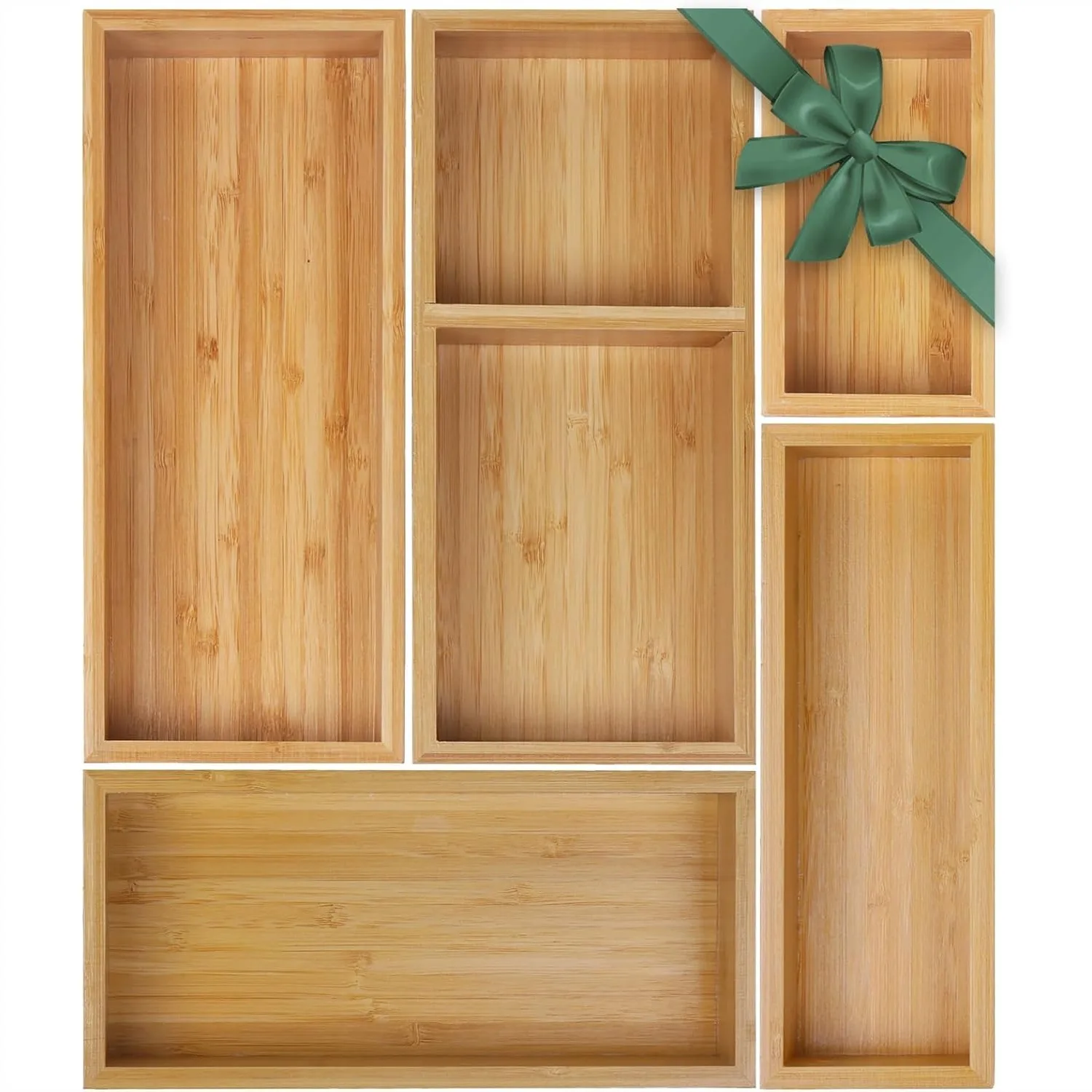 

Bamboo Drawer Organizer Set, 5 PCS Multi-Use Wood Storage Trays for Kitchen, Bathroom, Office, Makeup, Jewelry, Utensils