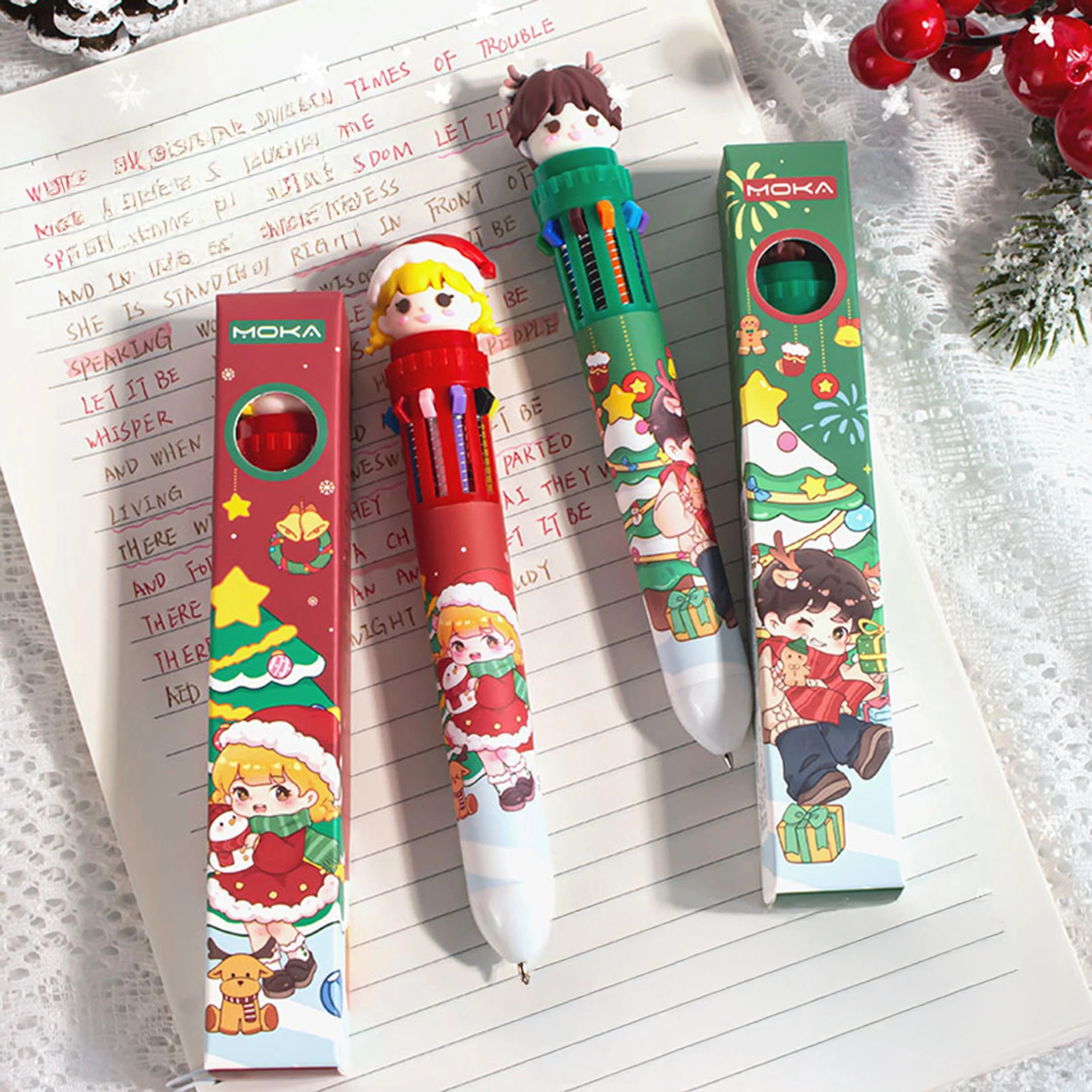 10 Colors Press Style Ballpoint Pens Red/Green Color Christmas Cute Cartoon Girls Ballpoint Pen Multi-functional Writing Tools