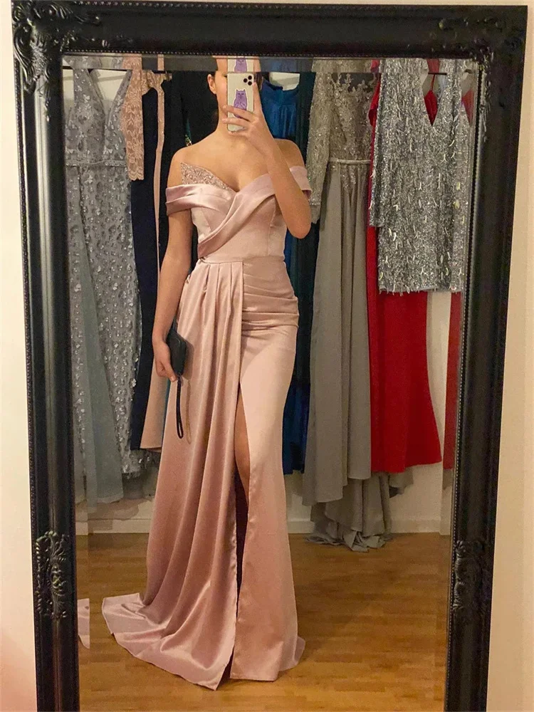 

Elegant Champagne Evening Dresses Sleeveless Fashion Prom Dress Long High Side Slit Wedding Guest Dresses vestidos de novia