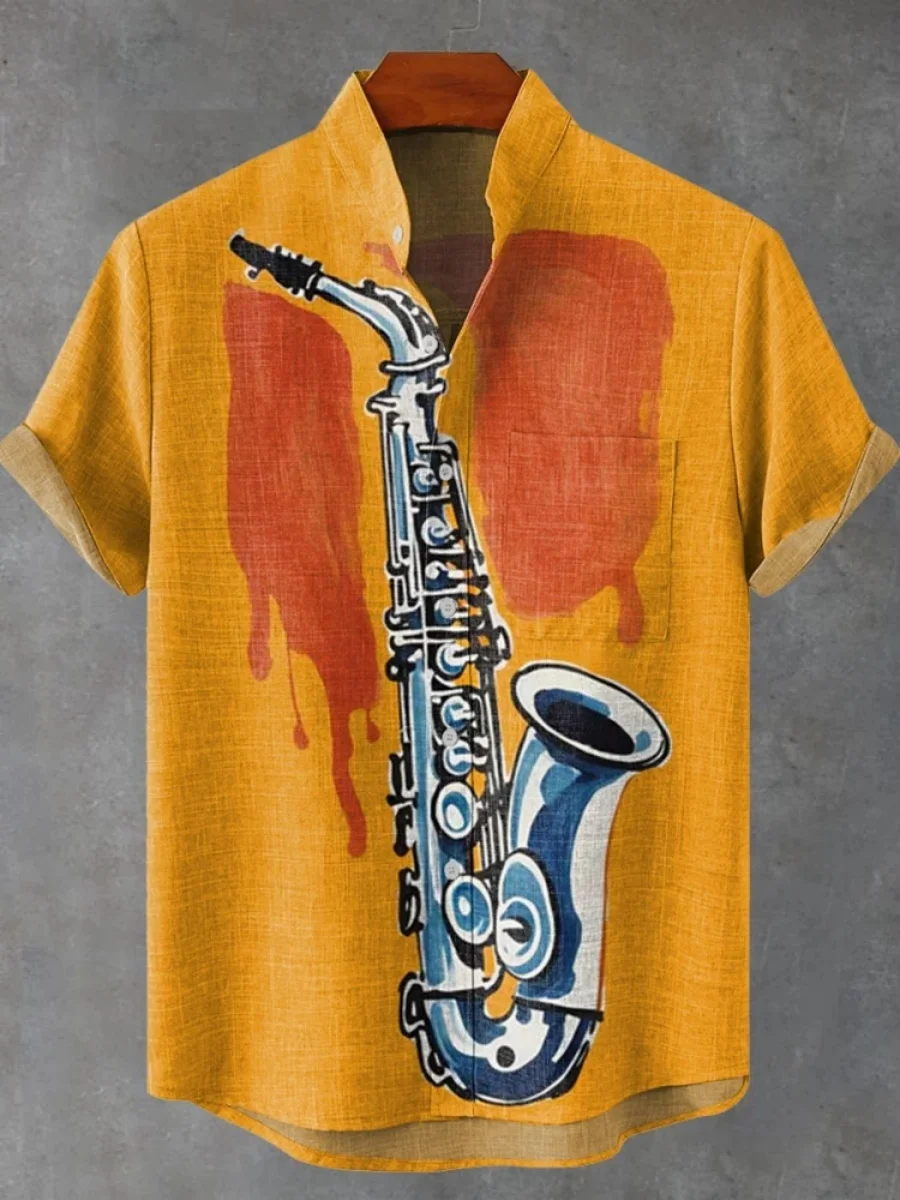 2025 남성 첼로 악기 테마 반팔 셔츠 여름 레트로 뉴 린넨 남성 반팔 탑 레저 휴가 스트리트웨어