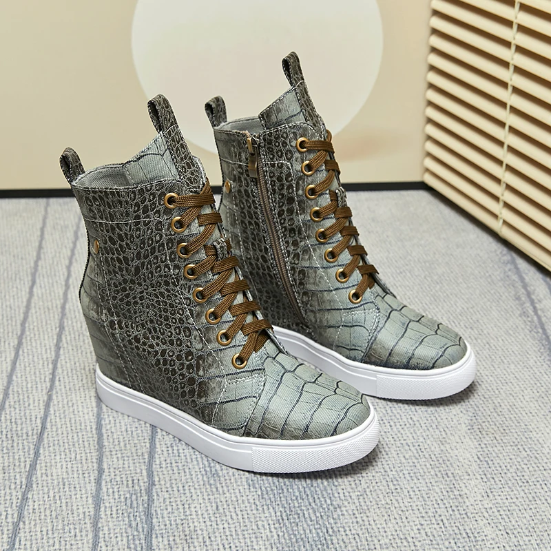 Roman Height Increasing Alligator Denim Ankle Boots Female Inner Wedge Zipper Sneaker Woman White Cow Leather Short Booties