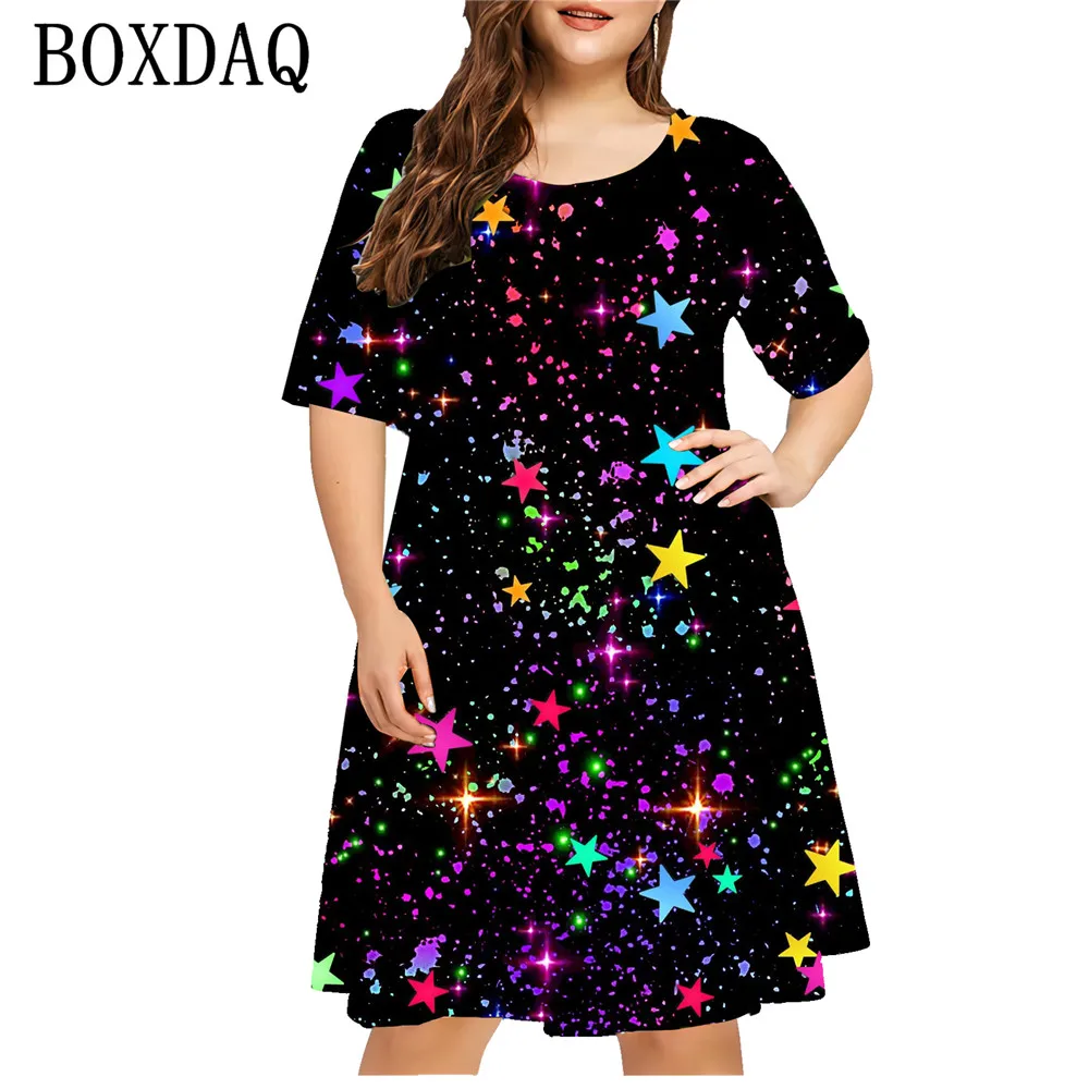 Gradient Stars Women Mini Dress Fashion Clothes Summer 3D Print Short Sleeve Loose Dress Casual Plus Size Ladies Oversized Dress