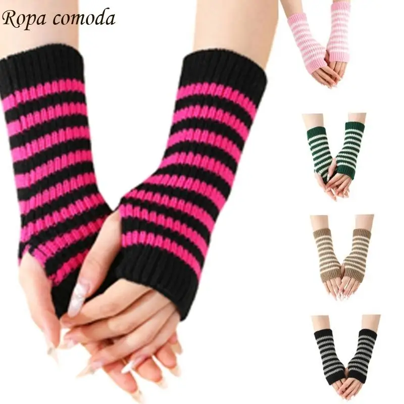 

MXMA 2pack Trendy Stripes Knitted Mittens Men and Women Gloves Half Finger Gloves Unisex Winter Accessory