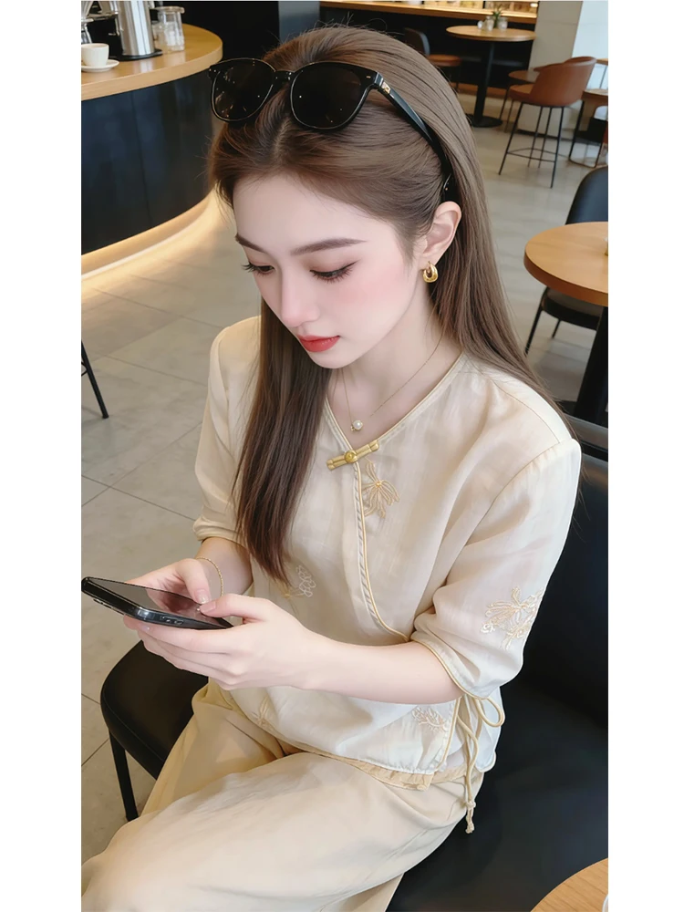 

New Chinese Style Short Sleeve Casual Shirt Women's Loose Fit Slimming Summer New Arrival Button up Top Comfortable Breathable