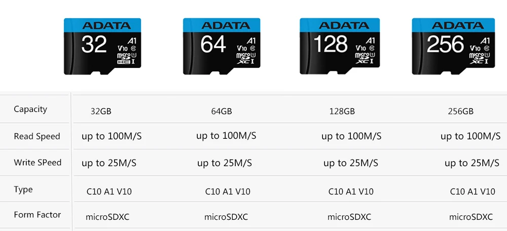 ADATA 32GB 64GB 128GB 256GB SDXC SDHC A1 V10 فئة 10 UHS I بطاقة الذاكرة Microsd TF بطاقة فلاش A2 V30 بطاقة تخزين للهاتف