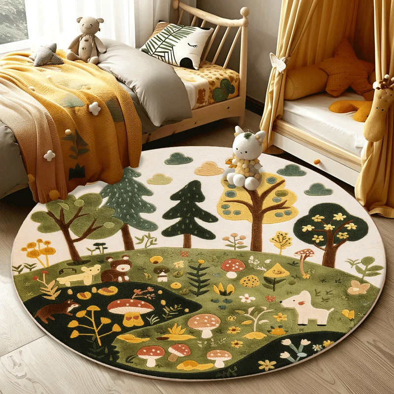 Forest Pattern Carpets for Living Room Cute Round Bedroom Decor Plush Carpet Washable Children's Floor Mat Fluffy Soft Study Rug