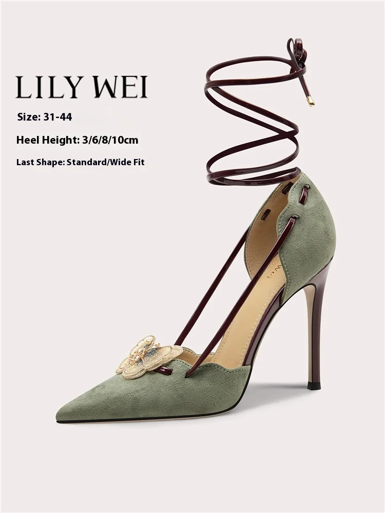 

Autumn new pointed hollow flower butterfly lace-up low-heeled sandals thin high-heeled banquet large size small size women shoes