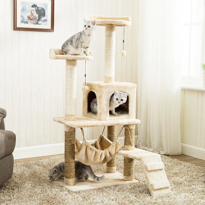 

Five-layer Cat Tower Cover Soft Plush Cloth Wooden Cat Tree House Condo With Hammock Sisal Rope Cat Scratching Posts Kitten Toy