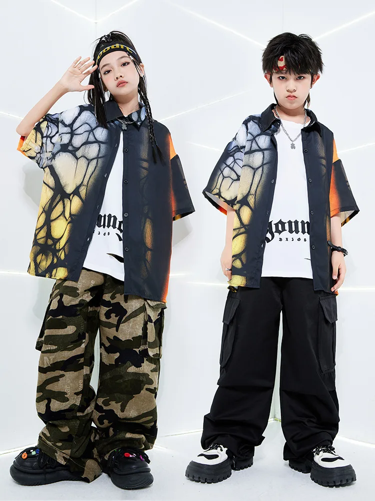 Kids Hip Hop Dance Costume Short Sleeve Shirt Cargo Pants Street Dance Clothing Boys Girls Jazz Drum Show Stage Clothes Sets