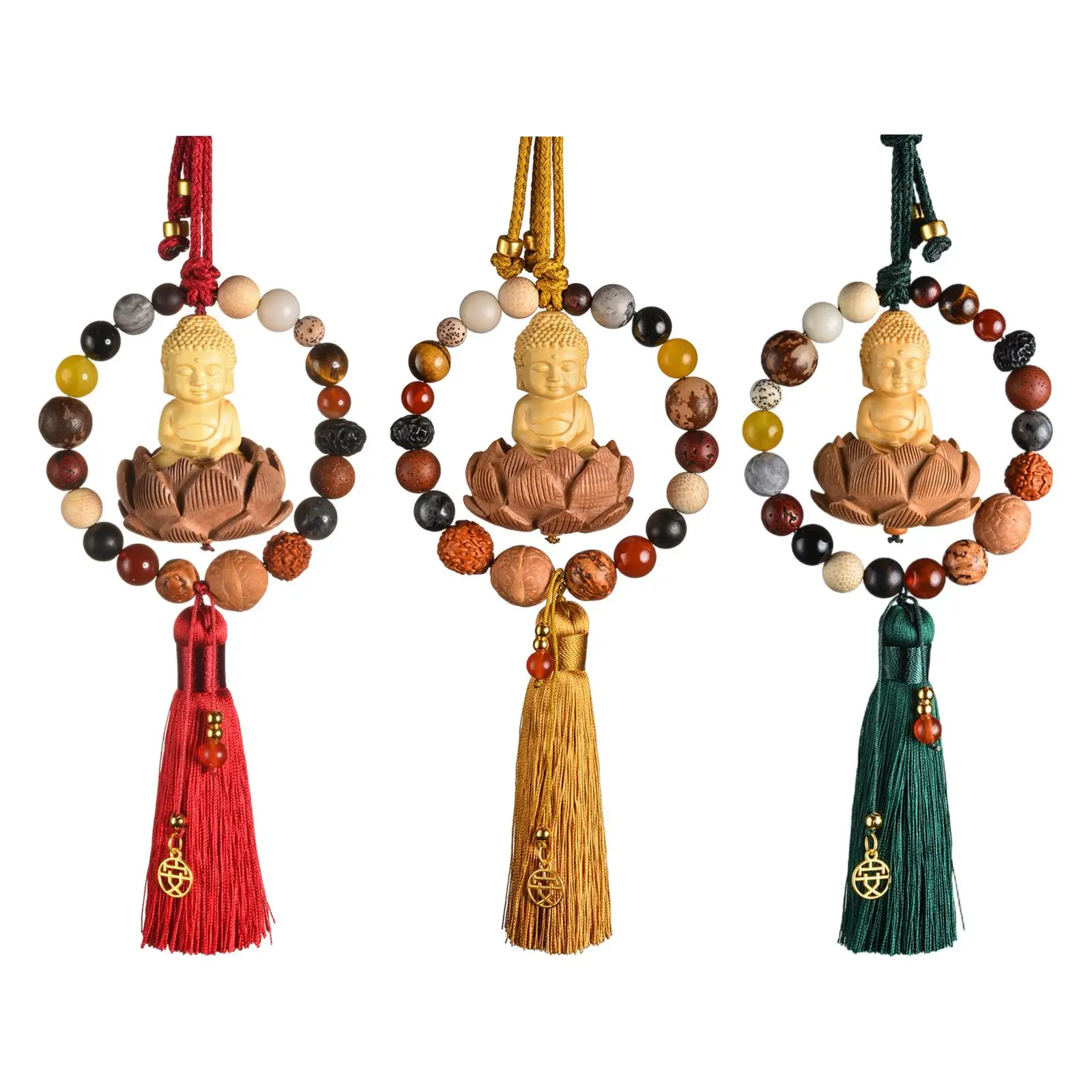 Wooden Buddha Statue Car Dangling Pendant Feng Shui Lotus Tassel Rearview Mirror Decoration for Drivers
