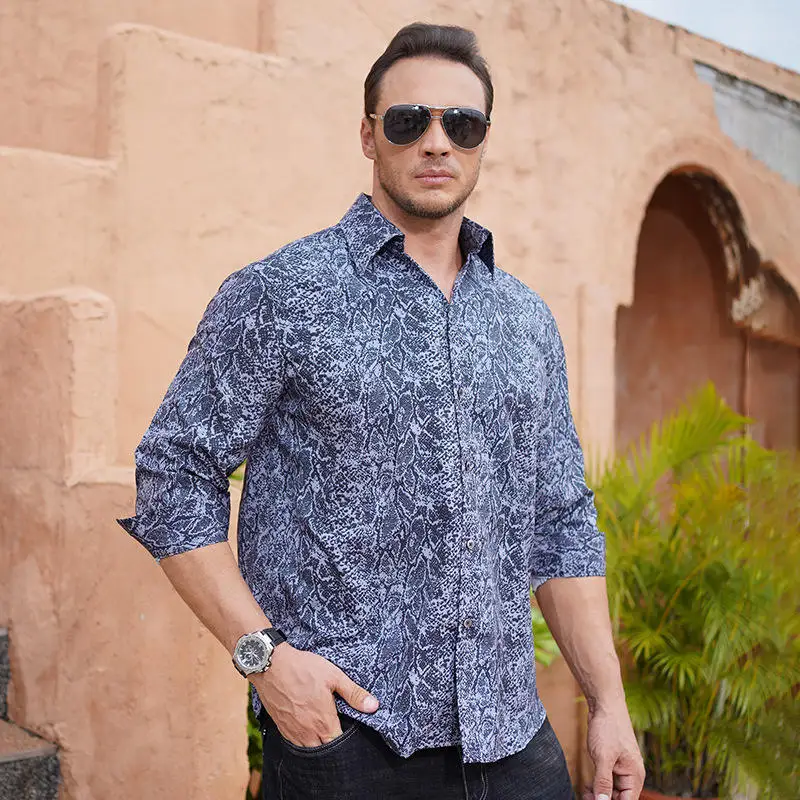 

plus Size Men's Long Sleeve Shirt Cuban Collar Digital Print Snake Skin Pattern Spring Autumn Casual Fashion Resistant to Def...