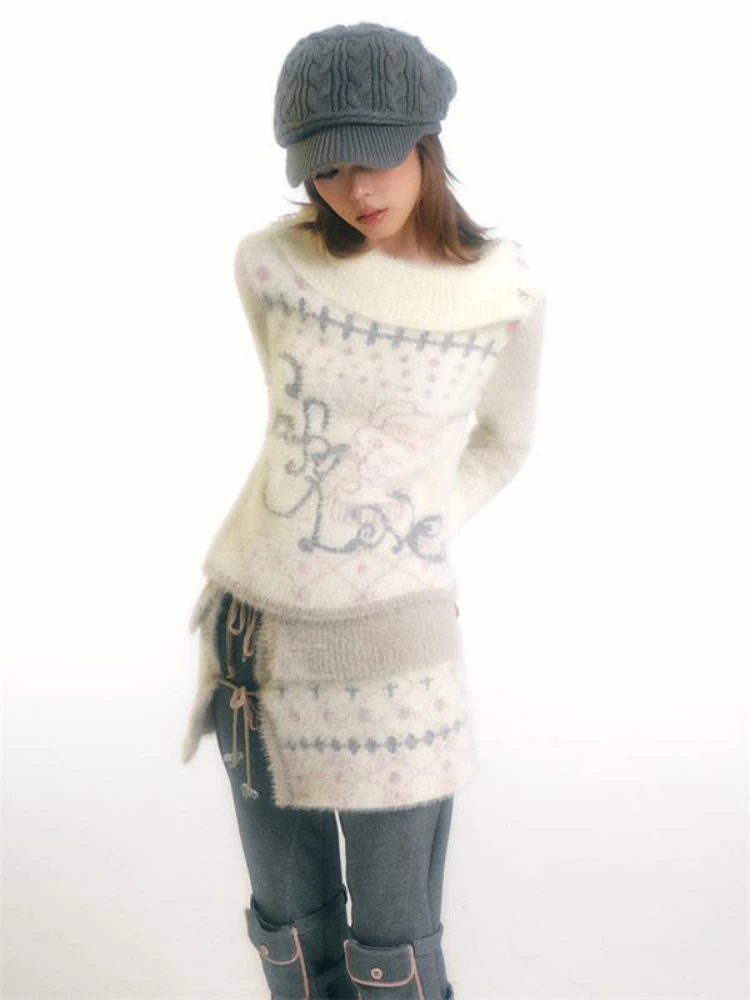 Korean Vintage Cute Jacquard Fairy Sweater Women Harajuku Knitted Grunge Pullovers Y2k Aesthetic Turtleneck Gothic Jumpers Pull