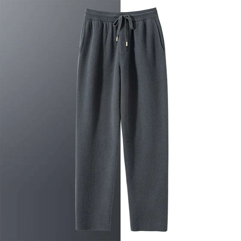 BirdTree, 35% Cashmere 65% Wool Pants, Men Elastic Waist Warm Solid, Simple Versatile Knit Trousers, 2024 Autumn Winter B47973QC