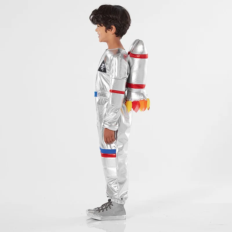 Halloween Astronaut Costumes For Boys And Girls Role Playing Pilot Costume Silver Spaceman Bodysuit With Rocket Pack Dress Up