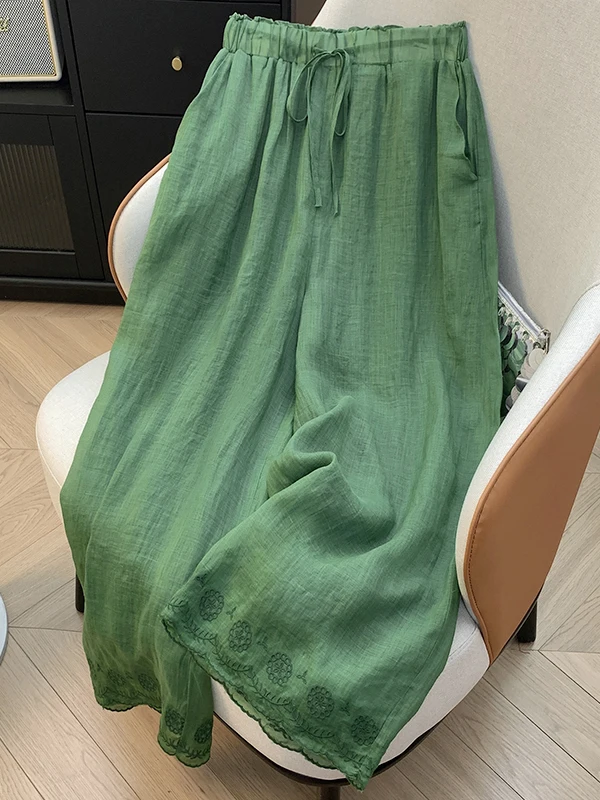 Pantaloni estivi nuovi ricamati a doppio strato a gamba larga Pantaloni casual dimagranti Dstring in vita elastica per donne taglie forti