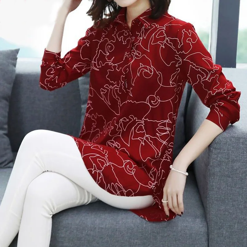 Vintage Casual Printing Button Long Shirt Summer Autumn 2023 Polo-Neck Long Sleeve Loose Oversized Pullovers Tops Women Clothing