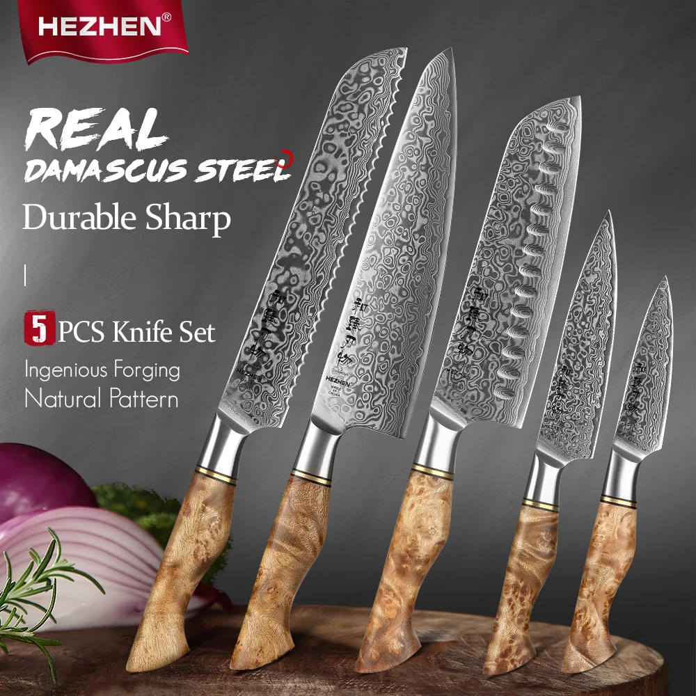 

HEZHEN 1-5PC Knife Set Professional Damascus Steel Chef Santoku Bread Utility Paring Cook Knife For Meat Sharp Kitchen Knife