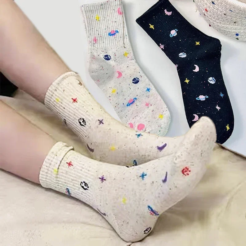 Creative Black White Kawaii Cute Cosmic Starry Sky Galaxy Printed Socks Super Soft Sweet Cool Lovely Niche Cotton Sock Versatile