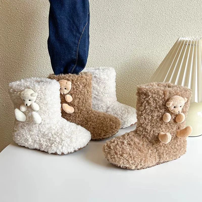 Kids Winter Boots Fluffy Comfortable Girls Plush Snow Boots Cute Bears 2026 Winter New Children Ankle Boots Non-slip Trendy