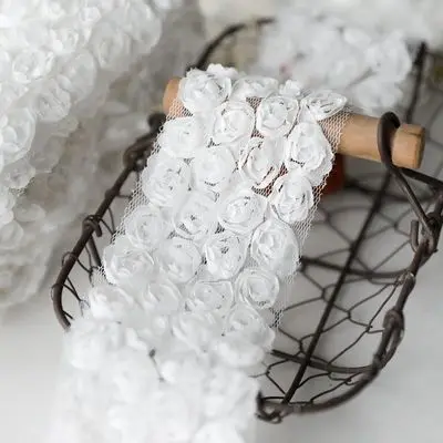 1 Meter 6cm wide White 3D Rose Lace Trim Chiffon Flowers Lace Ribbon Fabric for wedding dress