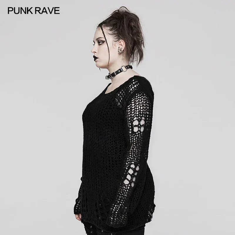 PUNK RAVE Maglione pullover con o-collo in mohair decadito da donna Punk Top larghi in rete a righe versatili quotidiane