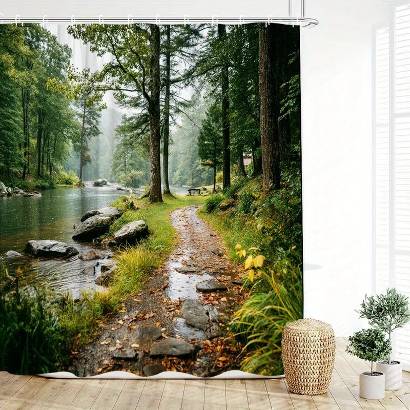 Lush Forest Path Shower Curtain Bathroom Decor Tropical Nature Woodland Stream Shower Curtain Waterproof Curtain